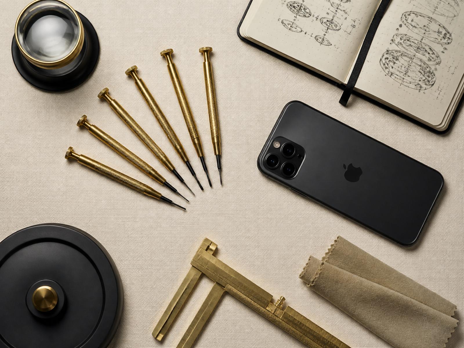 Atelier Shop212 : outils de précision, calibre en laiton, iPhone testé, notes techniques manuscrites.